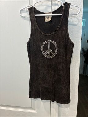 Vocal Black Tank Top with Rhinestone Peace Sign